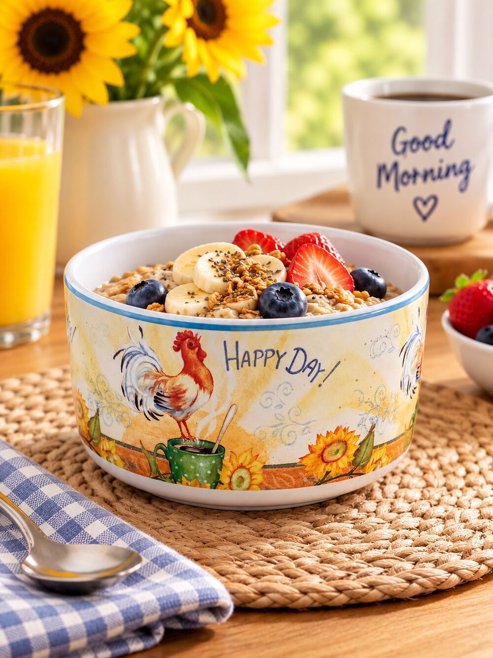 Pier 1 Imports Beautiful Day Rooster Stoneware Cereal Oatmeal Bowl Sunflower 6"